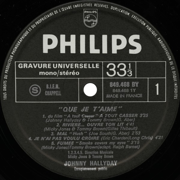LP Que je t'aime (Palais des Sports 1969)  Philips 849 468 BY