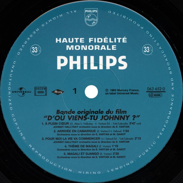 LP 25 cm D'o viens-tu Johnny?  Universal 063 652-0