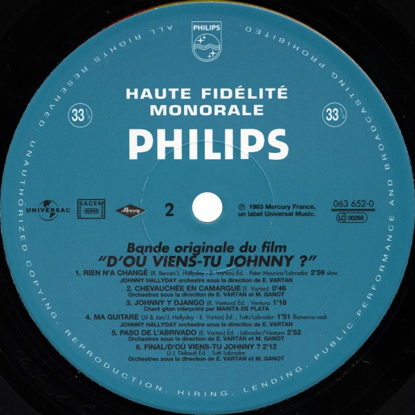 LP 25 cm D'o viens-tu Johnny?  Universal 063 652-0