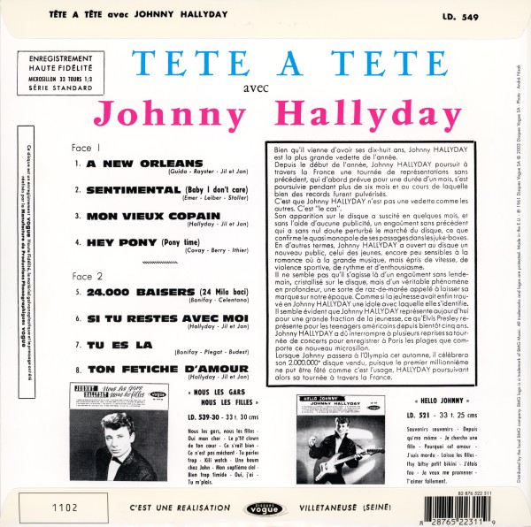 LP 25 cm Tte  tte avec Johnny Hallyday mono BMG 82 876 522 311