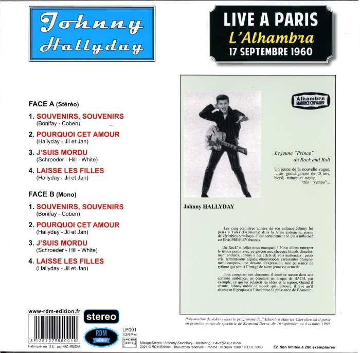LP CD Live  Paris L'Alhambra 17 septembre 1960  RDM Edition LP001